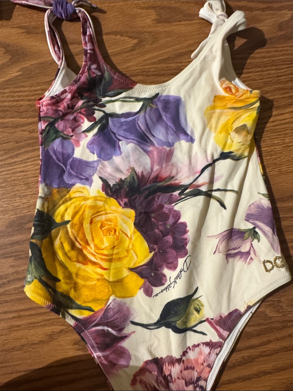 Dolce & Gabbana Cream One-Piece Swimsuit with Yellow & Purple Floral Print